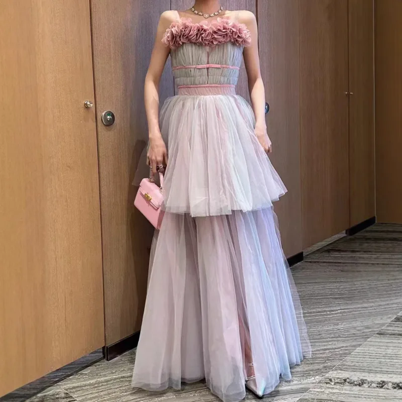 Qmqa moda feminina vestido de banquete roxo rosa emenda duplo grande balanço multi camada vestidos de festa 2025 feminino novo qm477