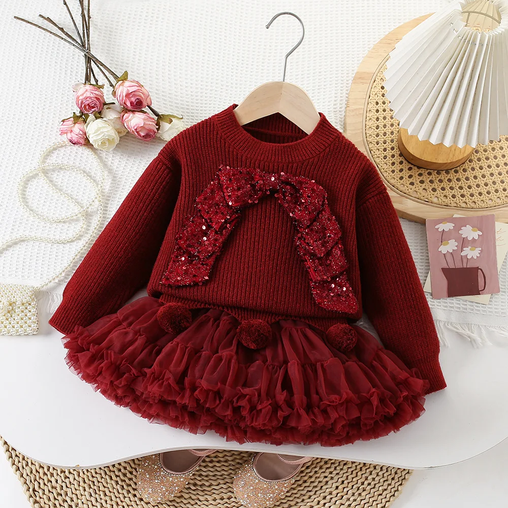 

Children's Sweater Sets Red Bow Rainbow New Year Outfit Festive Sweater Mesh Skirt New Woven Sweater for Baby Girls