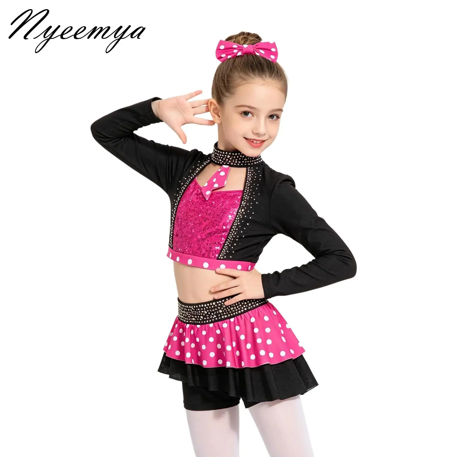 

Kids Girls Ballet Dance Sets Modern Lyrical Figure Skating Performance Costume Rhinestones Gymnastics Crop Top with Skirt Suit