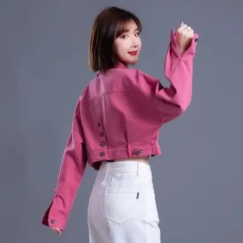 Primavera otoño nueva chaqueta vaquera mujer chaquetas vaqueras botón recortado Tops abrigo algodón prendas de vestir exteriores sueltas señora Tops Color caramelo Chic