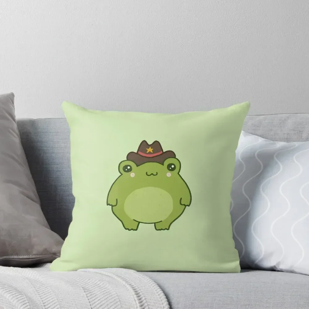 

Cute Sheriff Frog with Cowboy Hat: Kawaii Cottagecore Aesthetic, Perfect for Teen, Pastel Chubby Cowgirl and Wester Throw Pillow