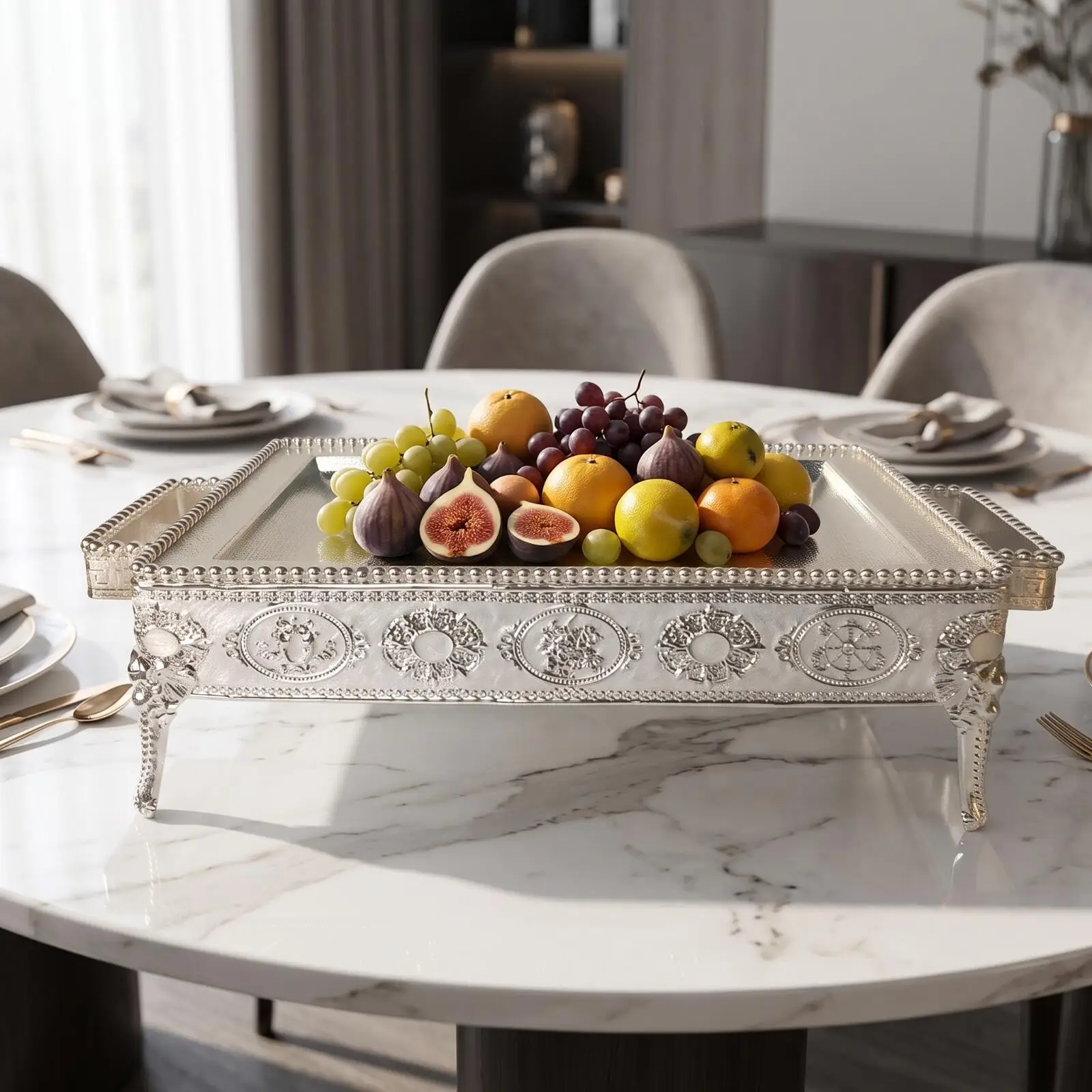 Serving Tray with Handles Embossed Metal Serving Tray Serveware Easy to Clean
