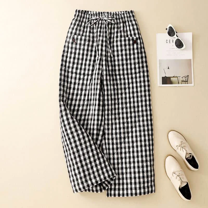 Straight-leg Pants Quilted Vintage Casual Autumn Winter Korean Style Lightly Padded Cropped Pants Elastic Waist Women Clothing