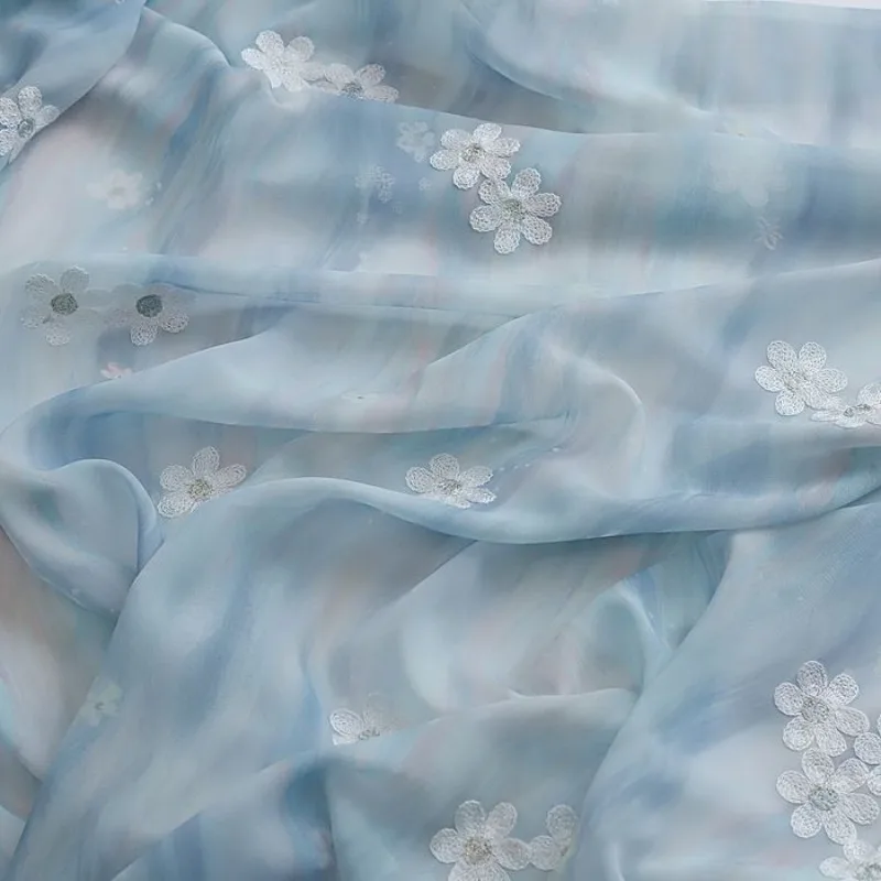 

Ins Mint Manbo Wind Glass Pattern Printed Snowflake Embroidery Women's Chiffon Dress Fabric