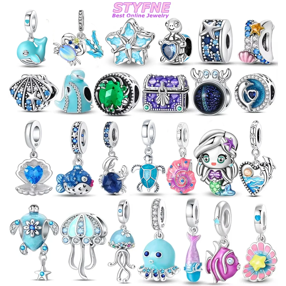 

Original 925 Silver Blue Ocean Dolphin Shells Small Fish Jellyfish Pendant Beads Fit Bracelet Women Jewelry DIY Birthday Gift