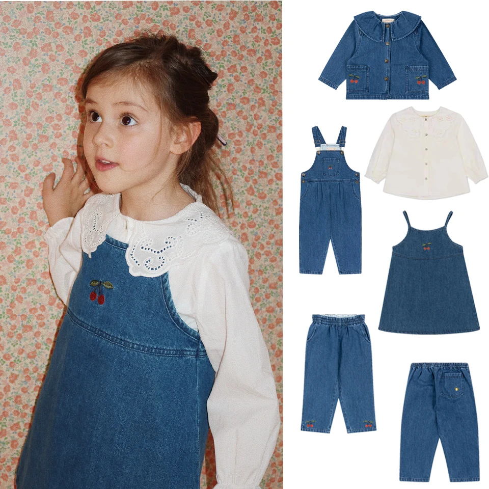 

2024 KS Kids Jeans Braces Jacket Girl Cute Embroidered Denim Dress Kids Clothes Girls Embroidered Denim Jacket Embroidered Jeans