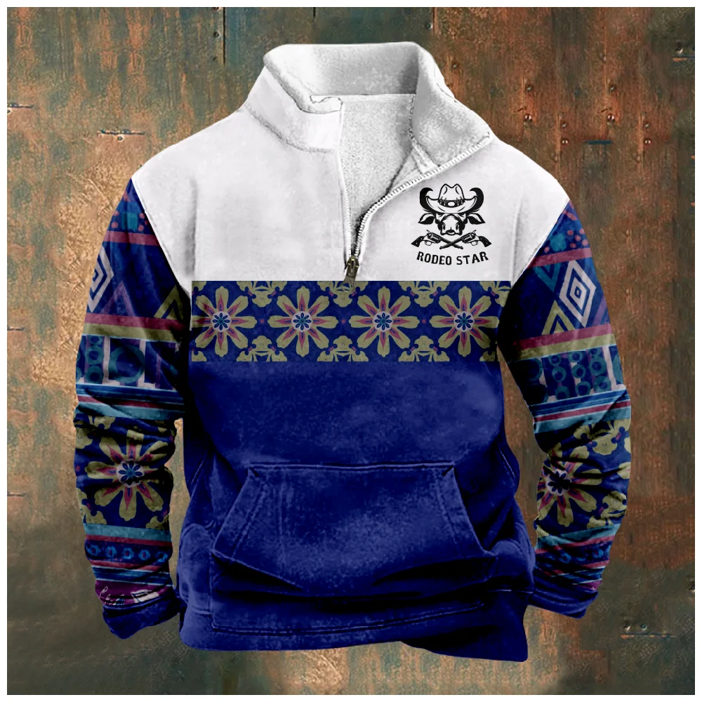 

Autumn Men Pullover Sweatshirts Zip Up Fleeced Clothing Patchwork Hoodies Ethnic Bullfight Tribal Graphics Oversized Tops