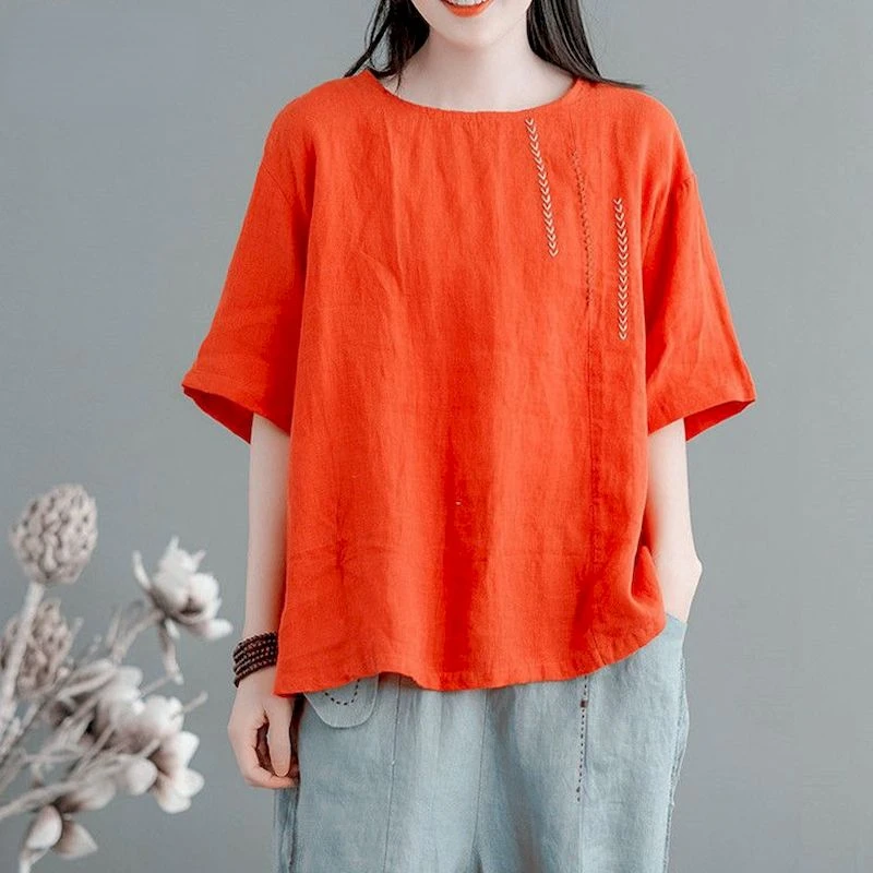 القطن الكتان تي شيرت المرأة موضة التطريز تنفس تي شيرت عادية فضفاضة قصيرة الأكمام Top الاتجاه الصيف رقيقة التي شيرت #3