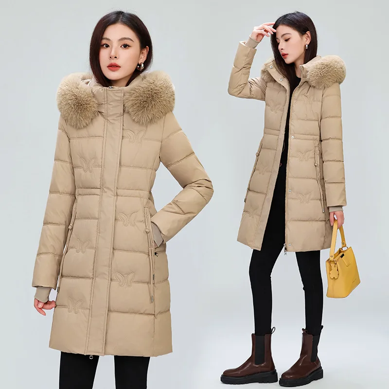 Butterfly Pattern Mid-Long Parkas Women Winter Warm Furry Collar Hooded Parka Jacket Woman Slim Fit Thicken Parkas Female