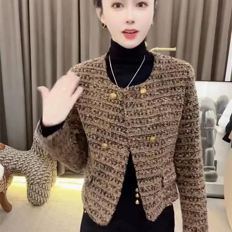 Fragrant Style Coat Top Women's Spring Autumn Jacket Tops Small Fashion Korean Version Round Neck Weave Short Outerwear 2027new