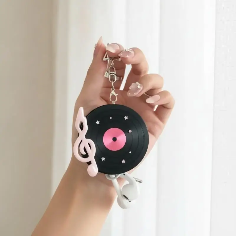 Vintage Circular Record 3D Printed Headphone Storage Pendant Keychain Four-leaf Clover Earphone Decoration Data Cable Organizer