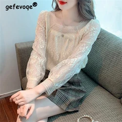 Damen koreanische Mode quadratischen Kragen sexy transparente Spitze Bluse solide Fee süß schick Hemd Langarm Tops Herbst lässig Blusas