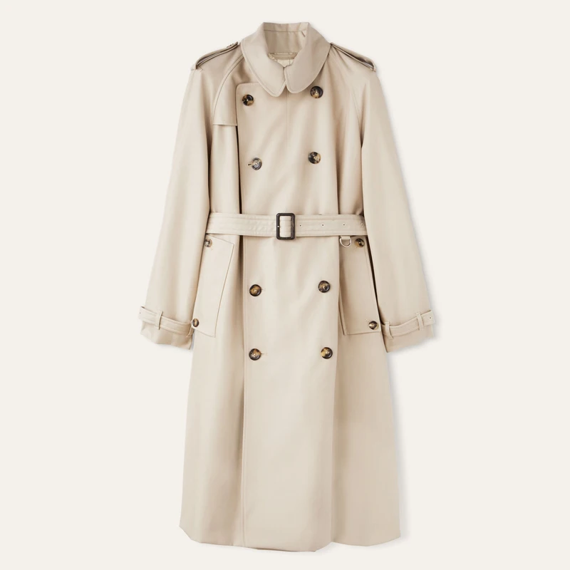 British Fashion Double-Breasted Long Beige Women\'s Trench Coat – Waist-Cinching Tailored Cotton-Polyester Windbreaker