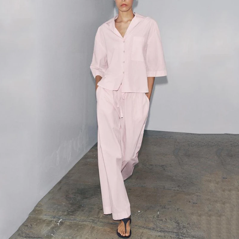 

2025 Summer New Women's Faion ort irt Wide Leg Pants Set Polyester Fiber ort Sve Collar Button Dr Code