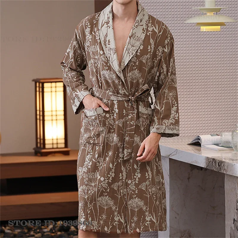 100% Cotton Men's Robe Home Clothes Print Floral Bathrobe Kimono Gown Couple Sleepwear Spring Autumn Nightwear Negligee Pajama