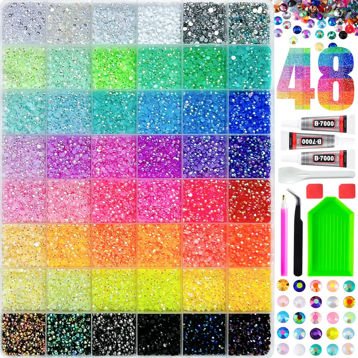 1Box Vibrant Rainbow Flatback Nail Rhinestones Bedazzling Kit Macaron Colored Semi-circle Resin Crystal Diamonds with Tools DIY