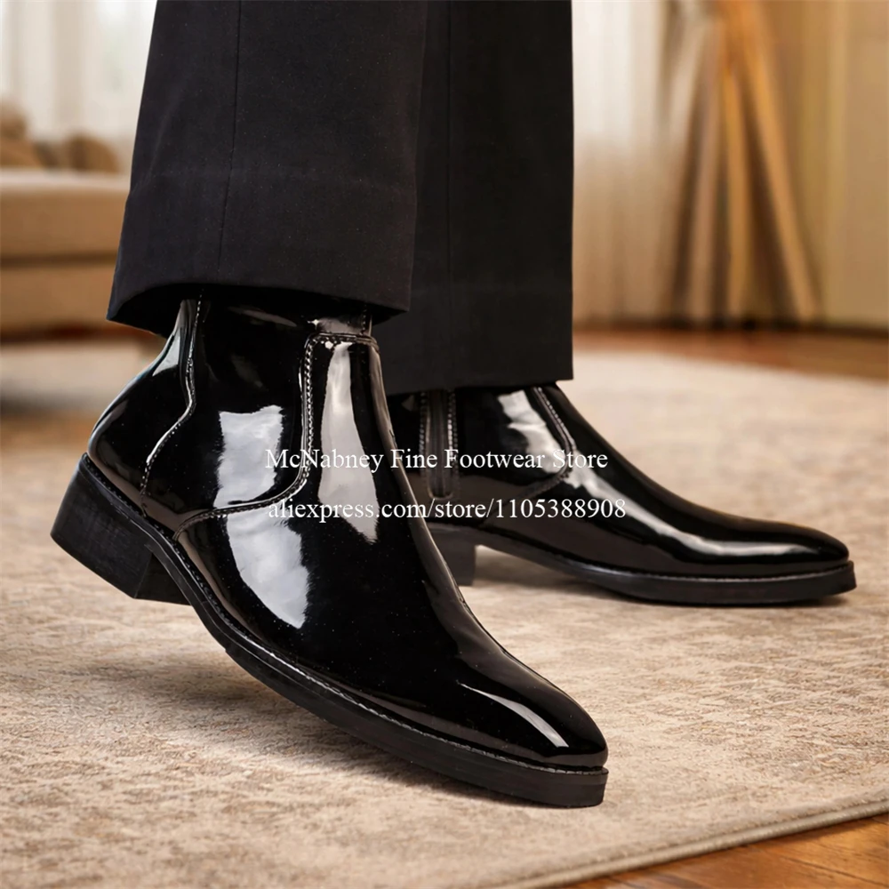 Glossy Leather Pointed Toe Side Zip Men Ankle Boots Low Block Heel Dress Boot Handmade Elegant Wedding Business Autumn Plus Size
