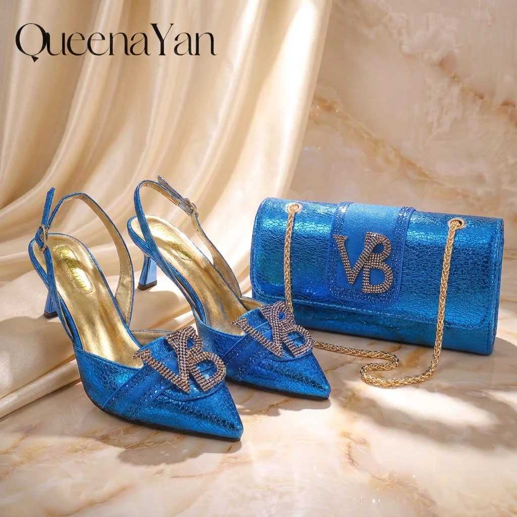 2026 Women Shiny Metallic Blue Slingback Heel Matching Bag Set, Sparkly Rhinestone Letter Embellished Pumps for Wedding Evening