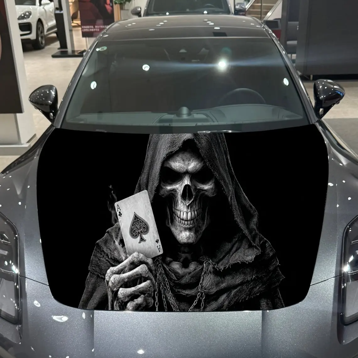死神ポーカーミスティックスリルpvcカーフードラップ、自己粘着防水カーボンネットデカールステッカー、車の装飾保護