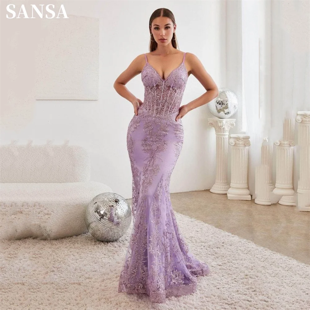 Sansa Sexy Sequins Lace  فساتين السهرة Embroidery Fishtail Vestidos De Noche Customized Spaghetti Strap Mermaid Prom Dresses