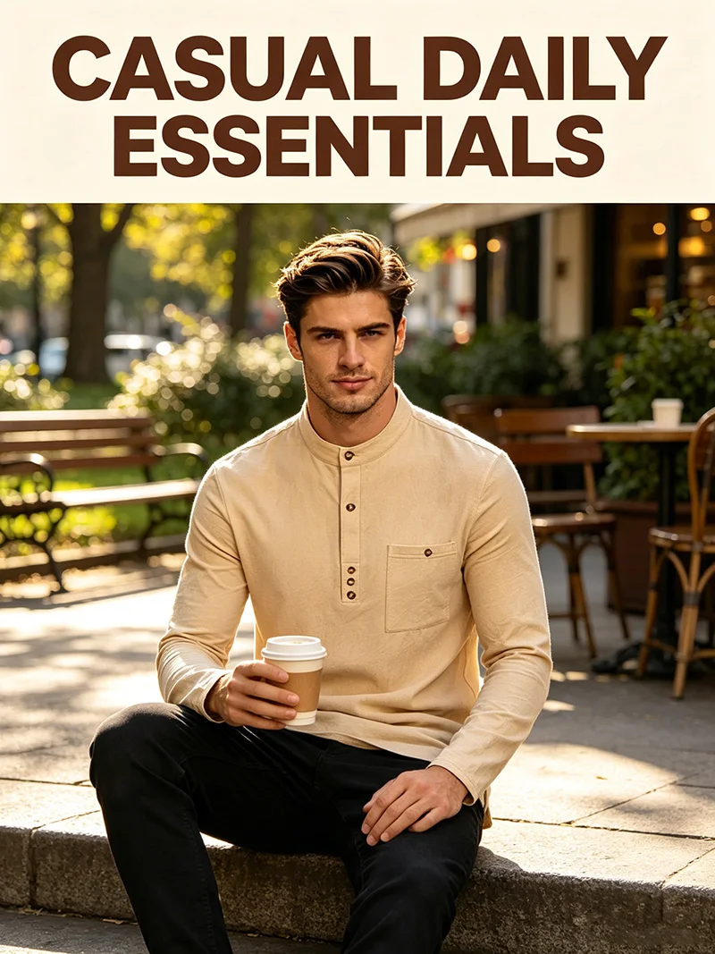 2026 Frühling Herbst Herren Baumwoll-Leinen Langarm-Stehkragenhemd mit Brusttasche, locker sitzend, einfarbig, für Freizeit, Strand, Alltag und Büro – Detail 13