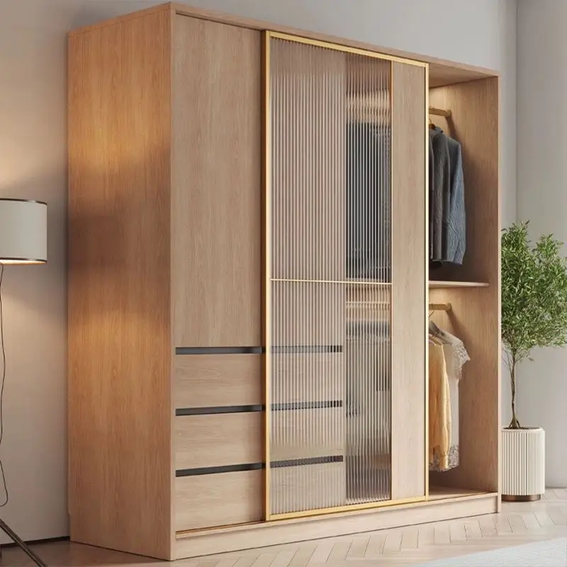 Sliding door wardrobe household bedroom sliding door small apartment log color glass door large wardrobe