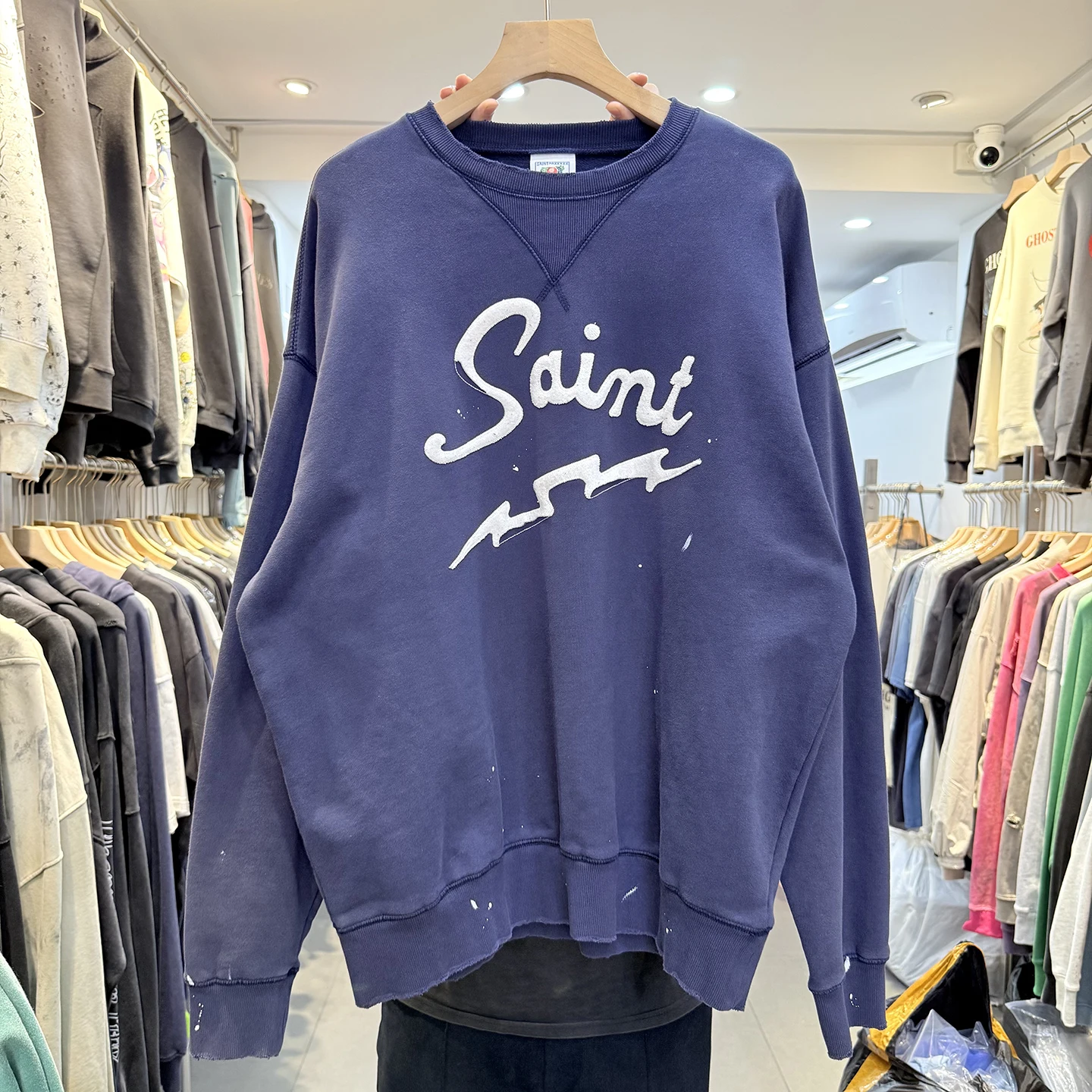 

Washed Vintage American High Street Fleece Lined round Neck Sweatshirt Letter Embroidery Loose Fit Men's Casual Streetwear