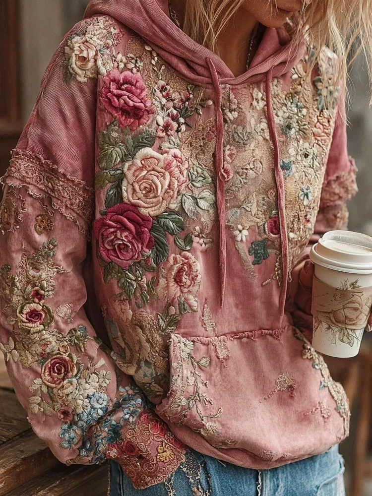 عادية الفرنسية زهرة هوديي المرأة الخريف الربيع Y2K هوديي الأزهار طباعة هوديي فضفاض رقيقة بولو الرقبة معطف المتضخم جديد