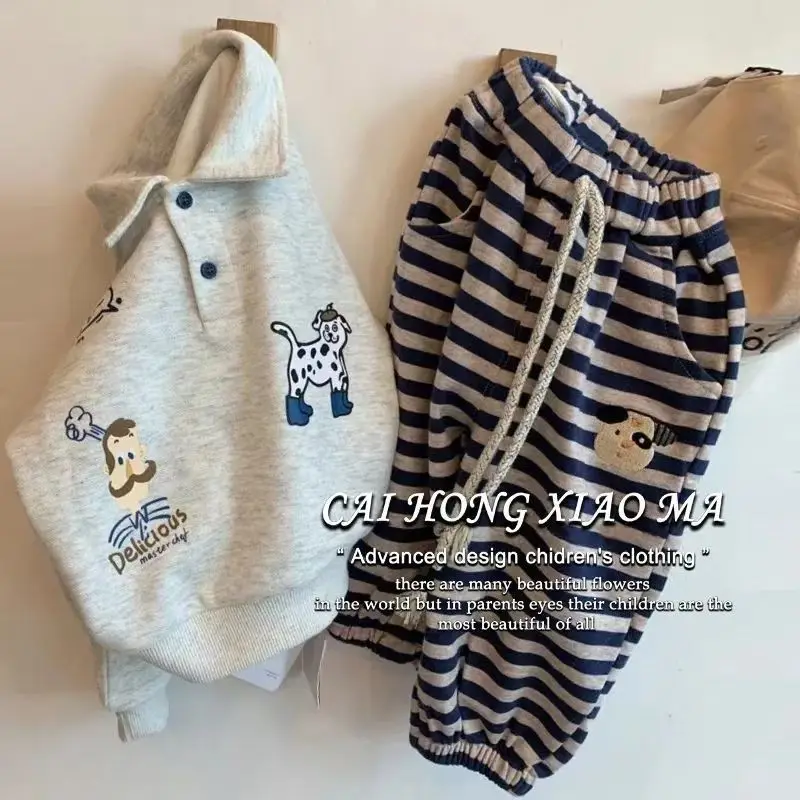 

Весенне-осенний комплект для малышей: свитшот-поло и брюки в полоску, повседневный спортивный костюм для мальчиков и девочек 1-5 лет