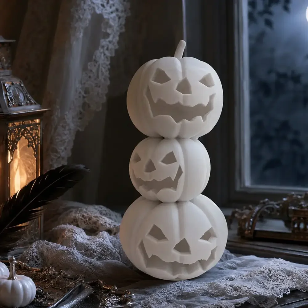 Matte Halloween Pumpkin Figurine, Triple Stacked Jack O Lantern Decor With Spooky Carved Faces, Gothic Christmas And Halloween Accent For Mantel, Shelf, Entryway, Bedroom, Living Room, Party Display, Unique Home Decor Gift