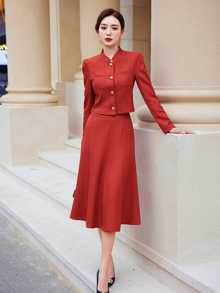 Elegant Spring Autumn Ladies Formal Skirt Suit Women Female Gray Red Green Black Long Sleeve Two Piece Set for Work Wear