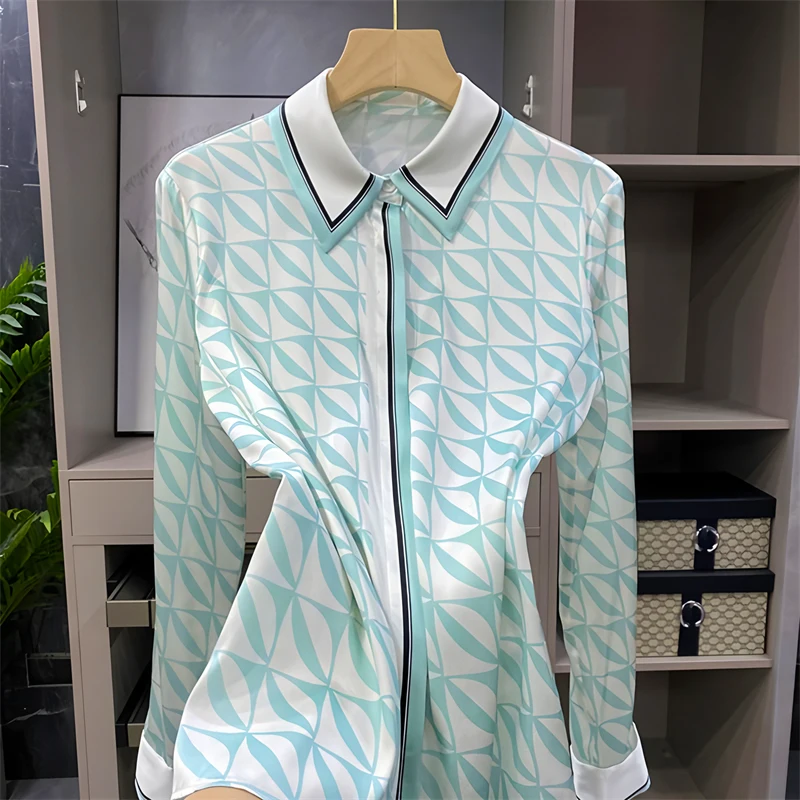 ZAROY High Quality Women Satin Shirts Fashion Print Long Sleeve Single-breasted Silk Blouses Elegant OL Tops Casual Streetwear