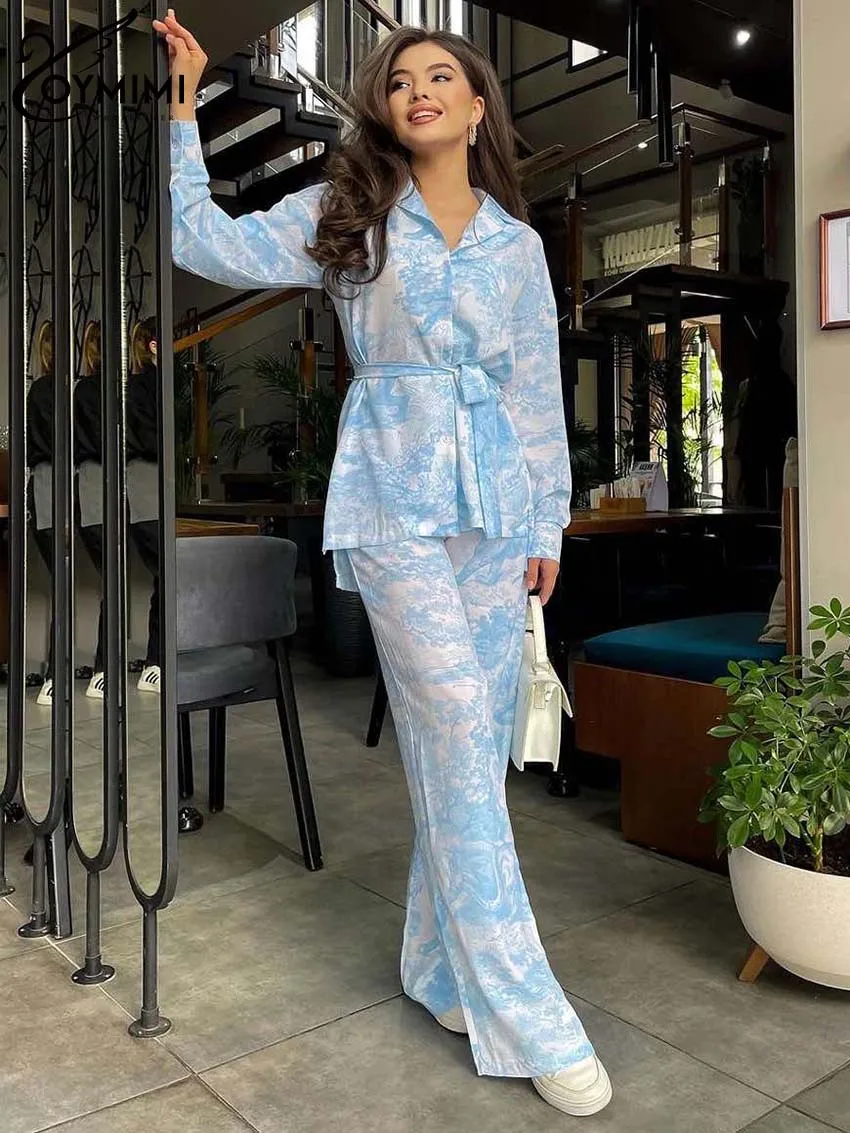 Oymimi Elegant Blue Print Sets For Women 2 Pieces Casual Lapel Long Sleeve Lace-Up Button Shirts And Straight Pants Female Sets