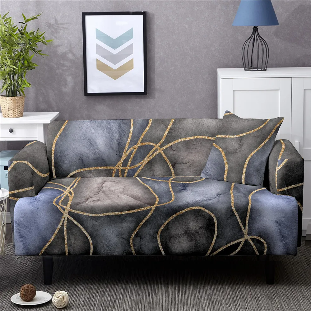 Luxury Golden Marble Sofa Cover for Living Room L Shape Sofa Chaise Lounge Elastic Plaid Couch Cover 1/2/3/4Seat Housse Canapé