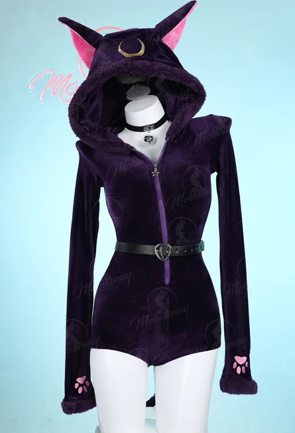 

Luna Cosplay Fluffy Bodycon Romper Purple Lingerie Hooded Bodysuit Homewear with Tail Belt and Socks Cosplay Costume 2025