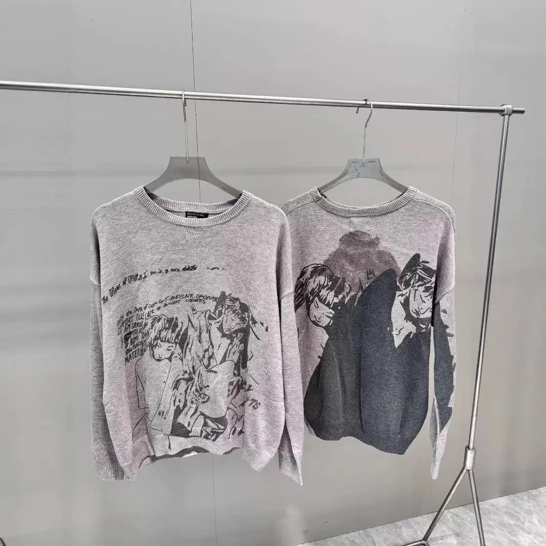 

Gray pattern printed sweater for men and women autumn and winter gothic punk Y2K American casual fashion pullover sweater