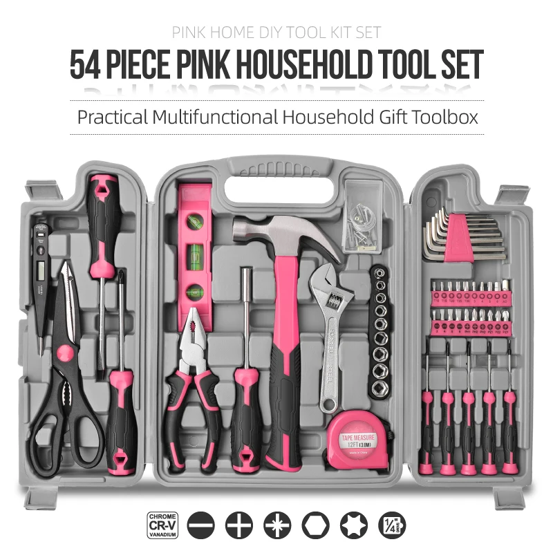 ชุดเครื่องมือช่างสีชมพู 54 ชิ้น รุ่น Hi-Spec สำหรับงานซ่อมบ้าน ชุดไขควง กล่องเครื่องมือ กรรไกร ค้อนตอกตะปู สำหรับใช้ในบ้าน