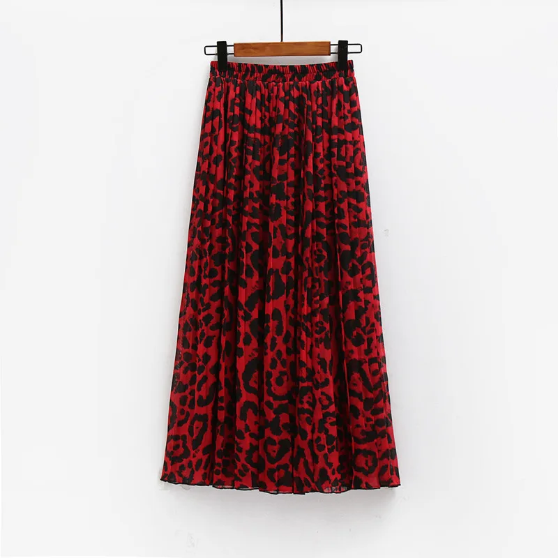 

Vintage Red Leopard Long Skirt Women Chiffon Pleated Skirt Beach Elastic Waist A-line Casual Spring Summer Autumn