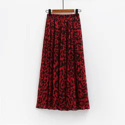 Vintage Red Leopard Long Skirt Women Chiffon Pleated Skirt Beach Elastic Waist A-line Casual Spring Summer Autumn