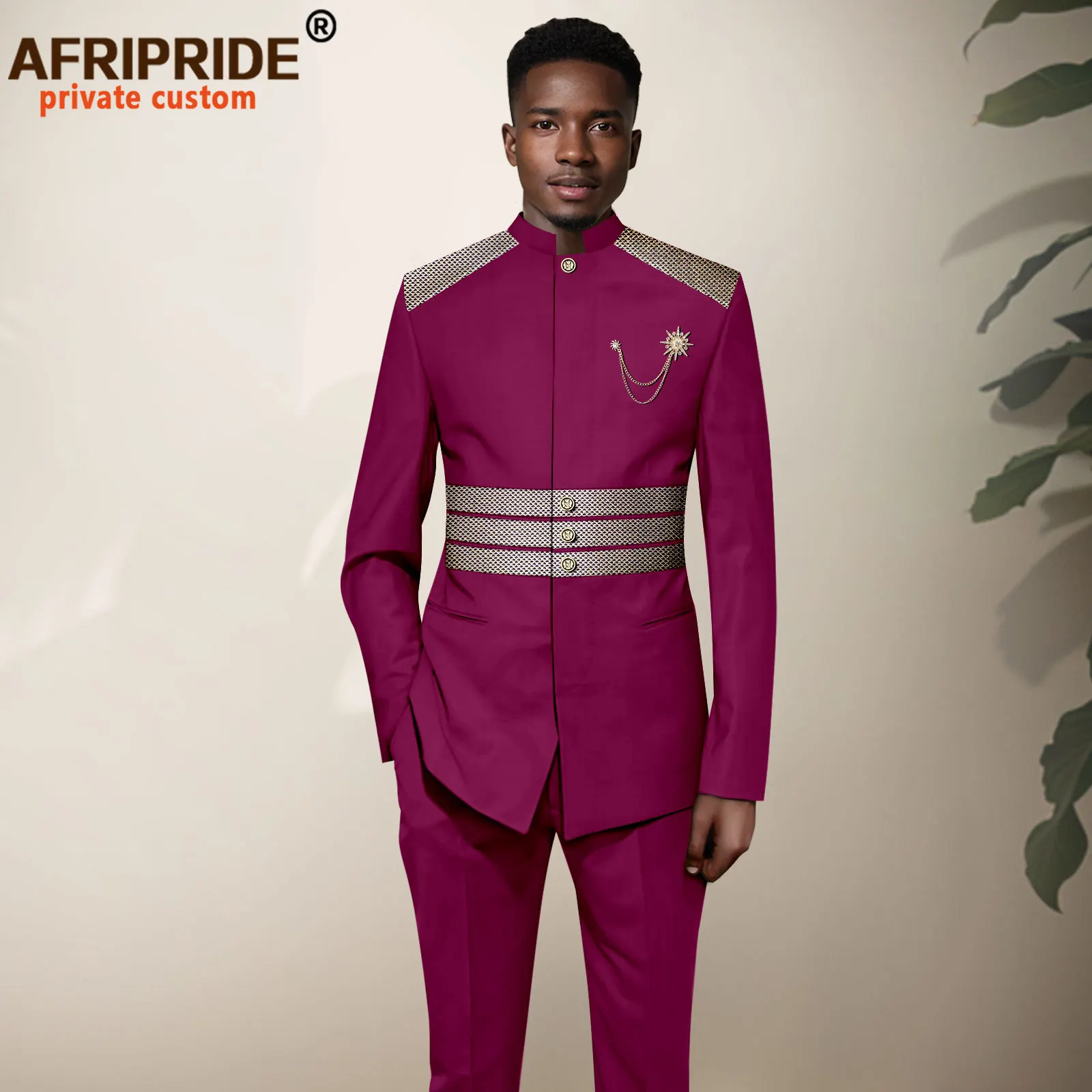 

African Suits for Men Slim Fit Single Breasted Full Sleeve Brooch Embroidery Blazer and Pants Set Dashiki Outfits 2416081