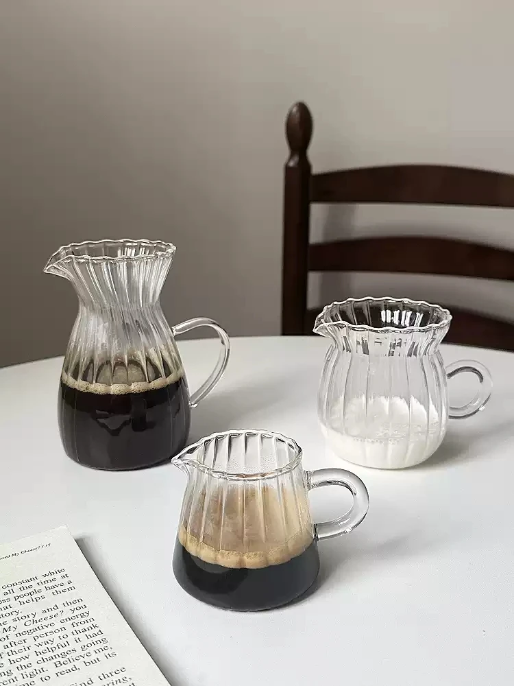 Nordic Fluted Glass Milk Jug 150ml 350ml 500ml Coffee Creamer Pitcher Ins Espresso Cup Transparent Sauce Kitchen Tableware