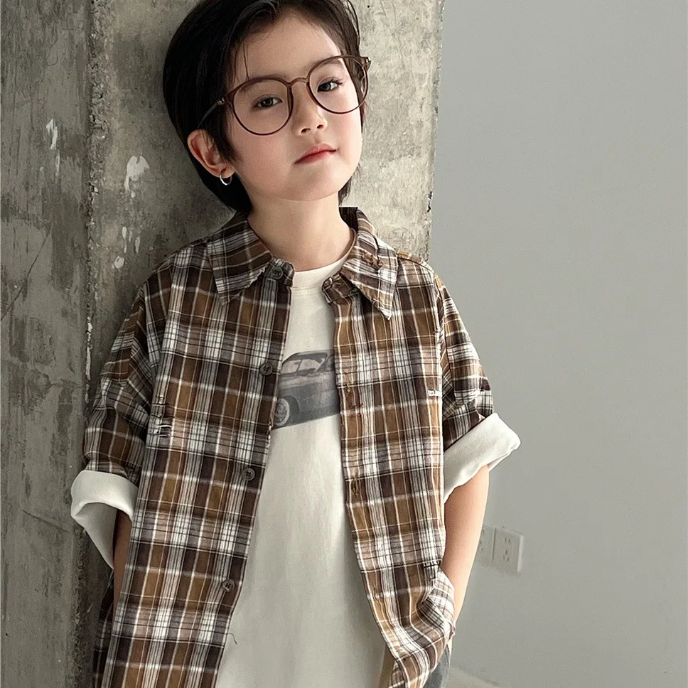 

25 Children's Clothing Summer Children's Short Sleeve Plaid Tide Boys Western Style Summer Thin Shirt