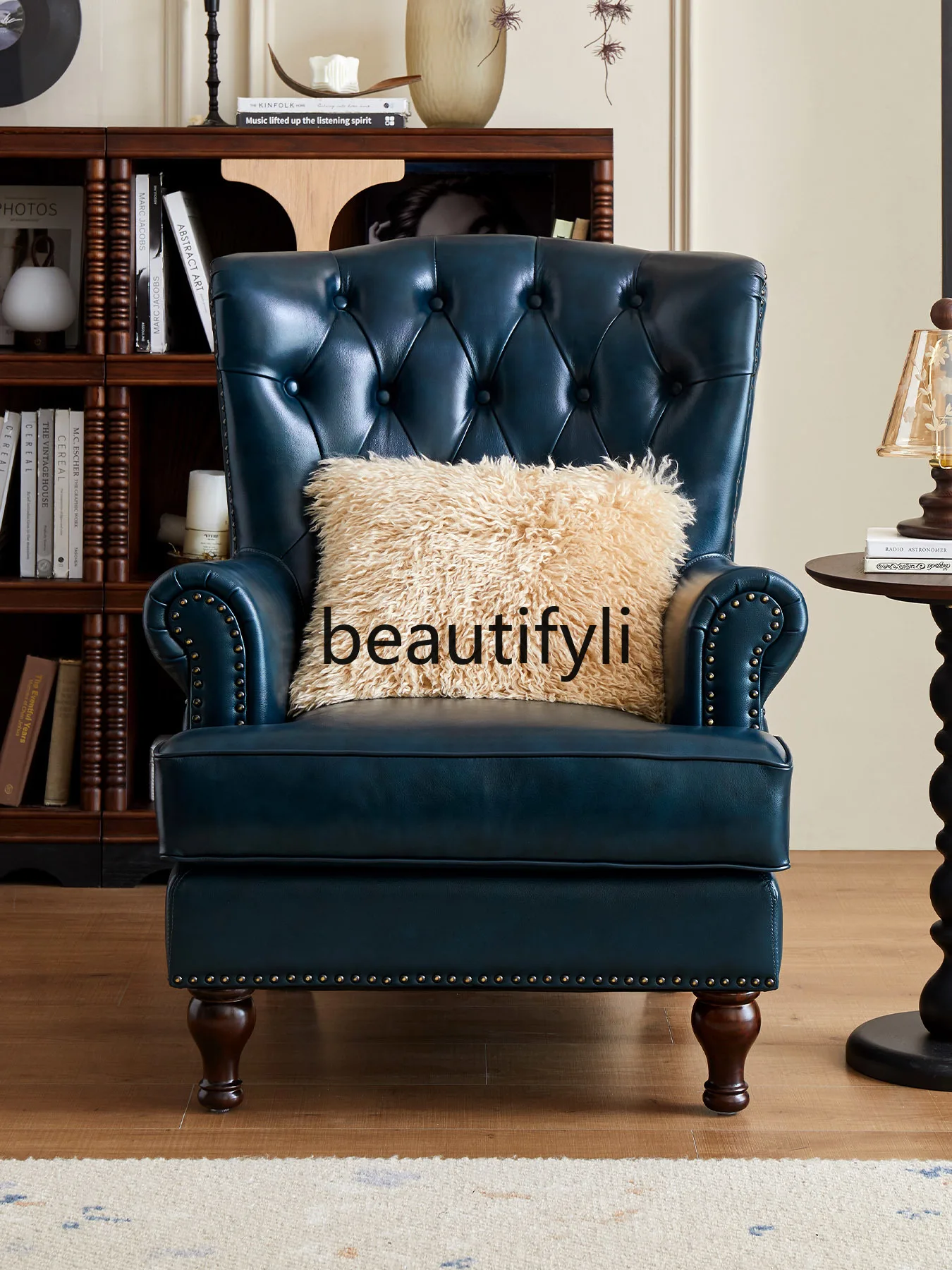 

American retro country leather single sofa chair top layer cowhide living room high back chair cafe balcony leisure chair