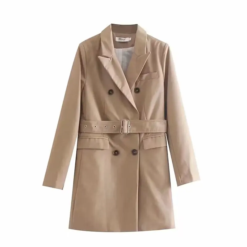 

Женский универсальный костюмный жакет цвета хаки H2588: модный, с воротником, с поясом, повседневный, с длинными рукавами, из полиэстера, для всех сезонов