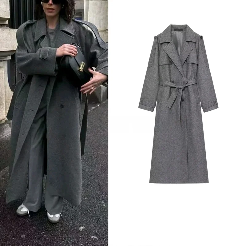 

Autumn New Arrival Women's Retro Sle Long Sve Turn-down Collar Double-breasted Coat with Belt Woolen Coat Outerwear