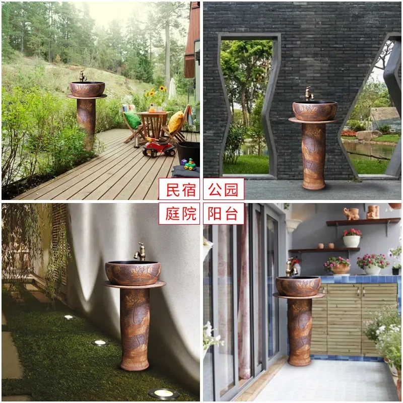 Ceramic Column Balcony Washbasin Floor to Ceiling Bathroom Sink Garden Outdoor Integrated Basin for Courtyard Patio