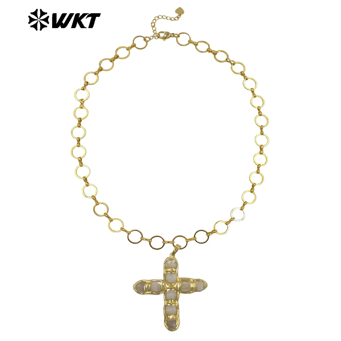 

WT-N1491 Amazing High Quality Natural Gemstone Necklace Cross Shape Gold Plated Circle Chain Multi Colors Women Jewelry