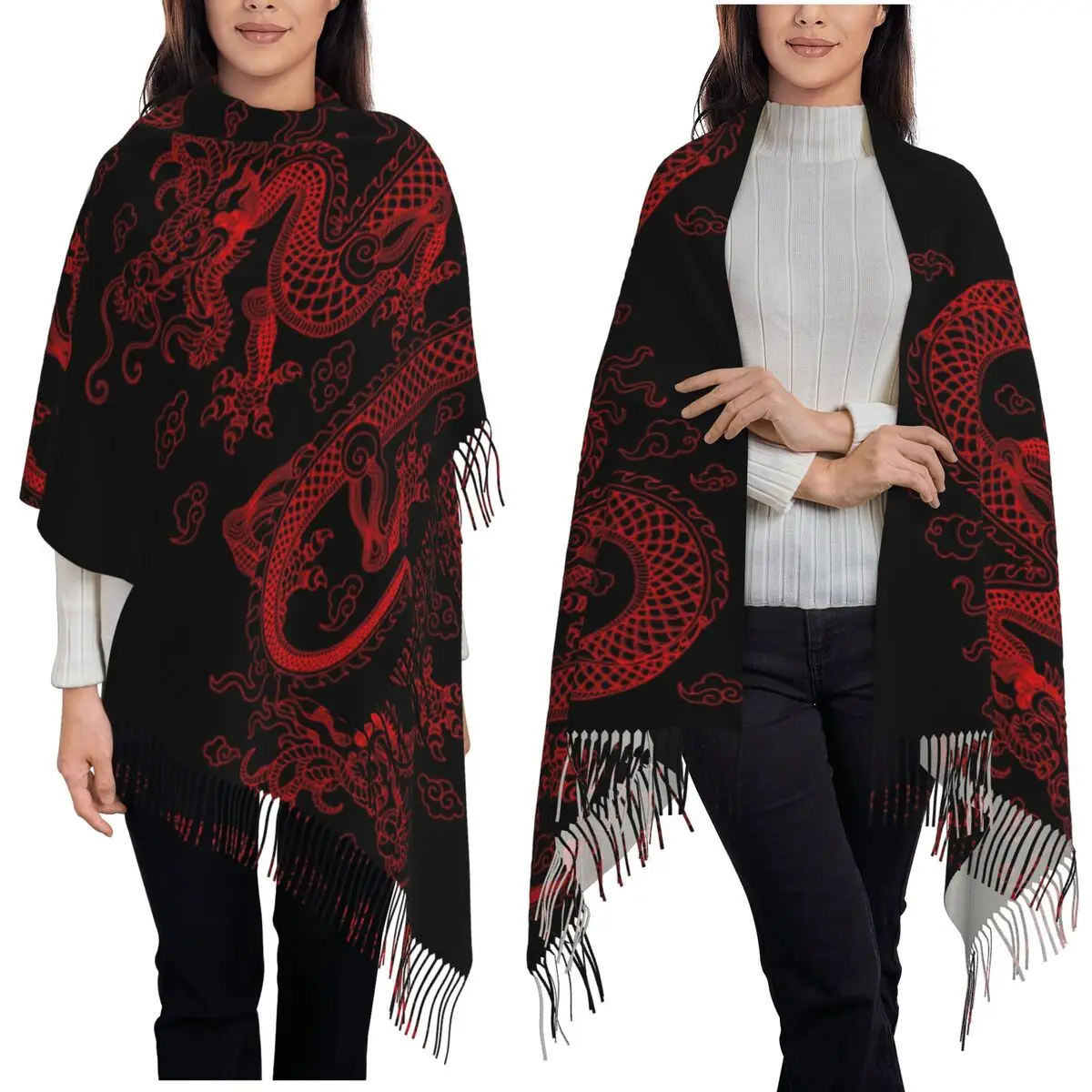 Chinese Dragon Asian Oriental Style Art Scarf Tassel Scarves Women Soft Warm Shawls and Wraps Long Fall Winter Shawl Wrap