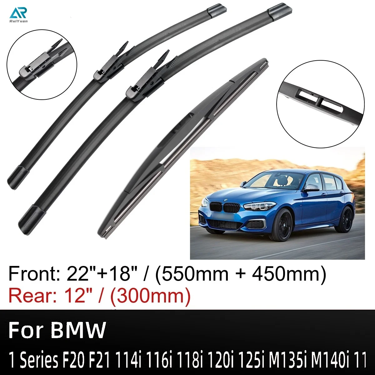 

For BMW 1 Series F20 F21 114i 116i 118i 120i 125i M135i M140i 116d 118d 125d 2011-2020 22"+18"+12" Front Rear Wiper Blades