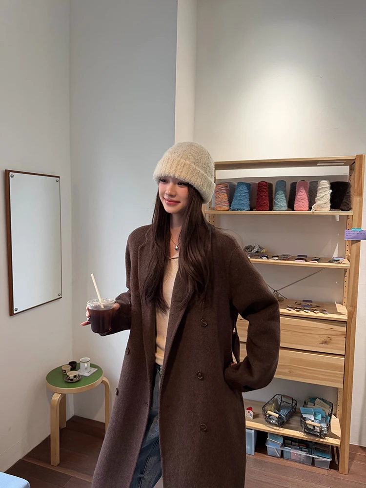 

Двустороннее шерстяное пальто женское в корейском стиле, модное повседневное, с длинными рукавами, средней длины, с открытым воротом, прямой подол